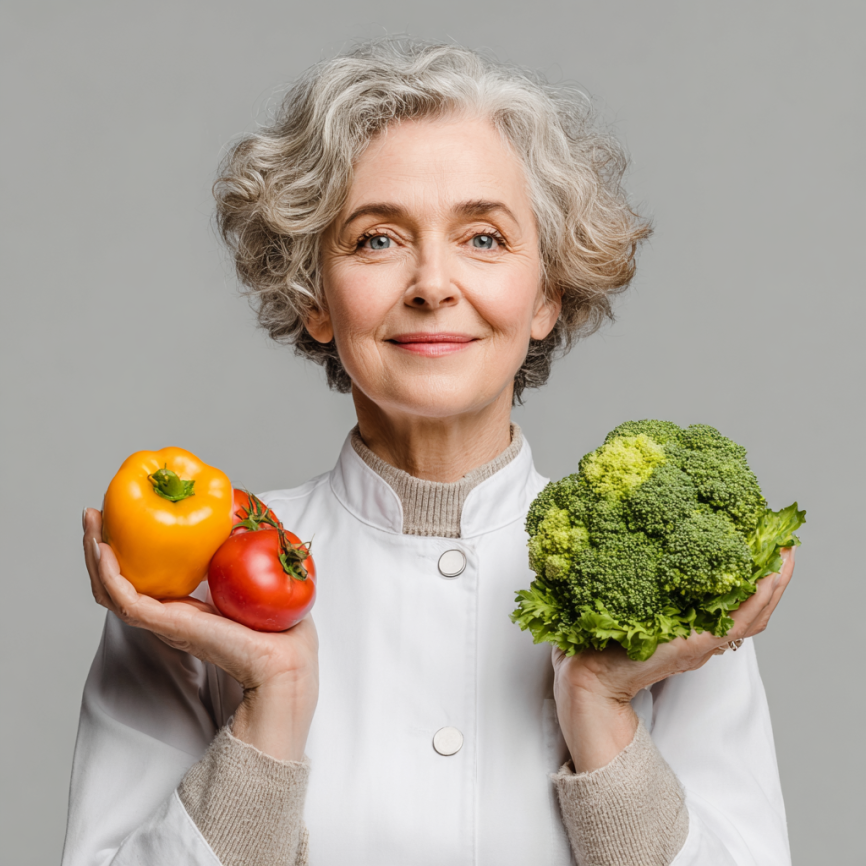 Літня жінка готує здорову вегетаріанську їжу на кухні